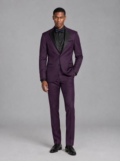 Savile Men's Plum Contrast Shawl Lapel Tuxedo Suit – 3-Piece Wedding, Prom & Black-Tie Formal Set - Plum - Plum_2