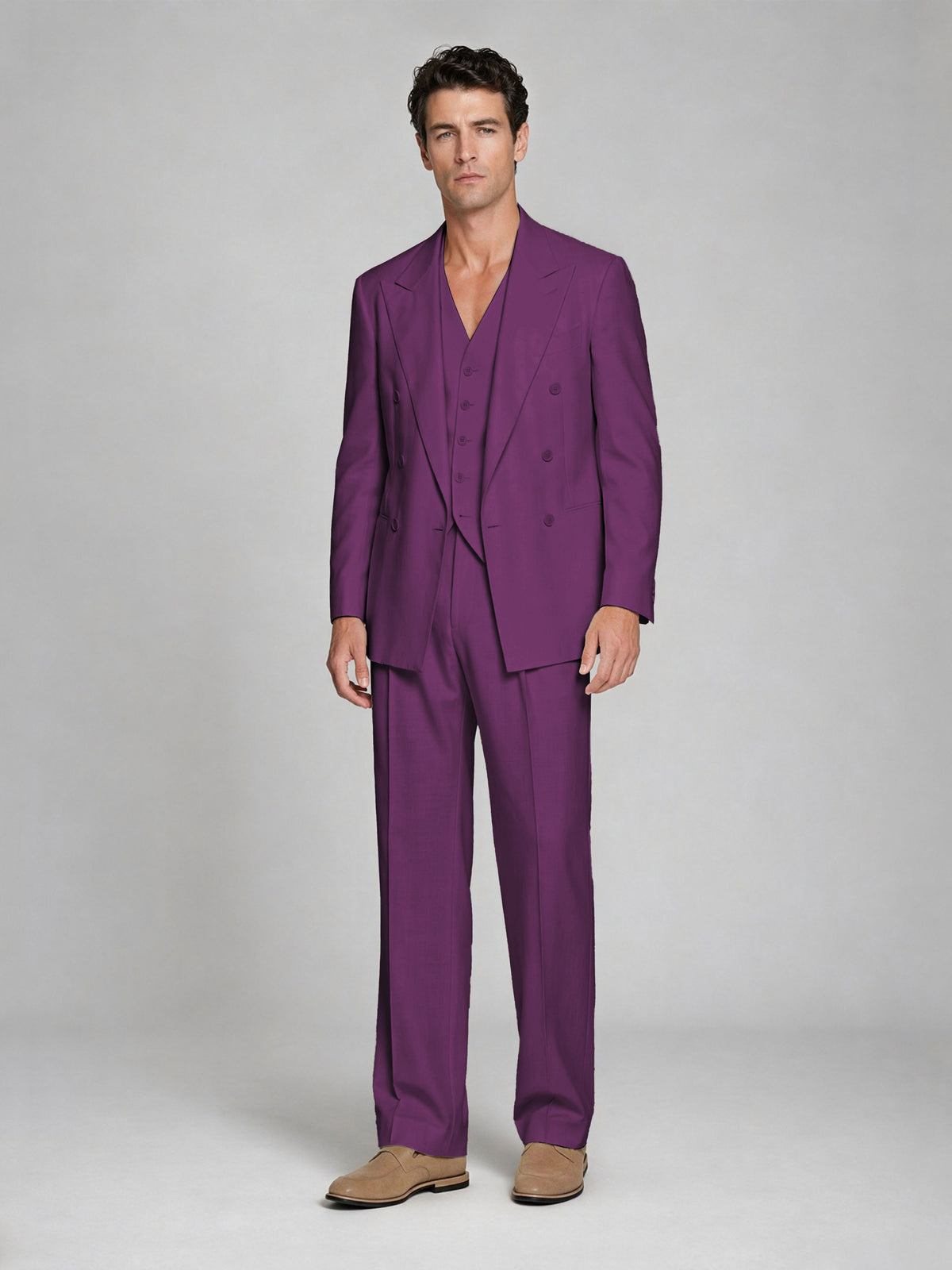 Men's Plum Double-Breasted 2-Piece Suit – Peak Lapel Wedding & Beach Formal Set with Vest - Plum