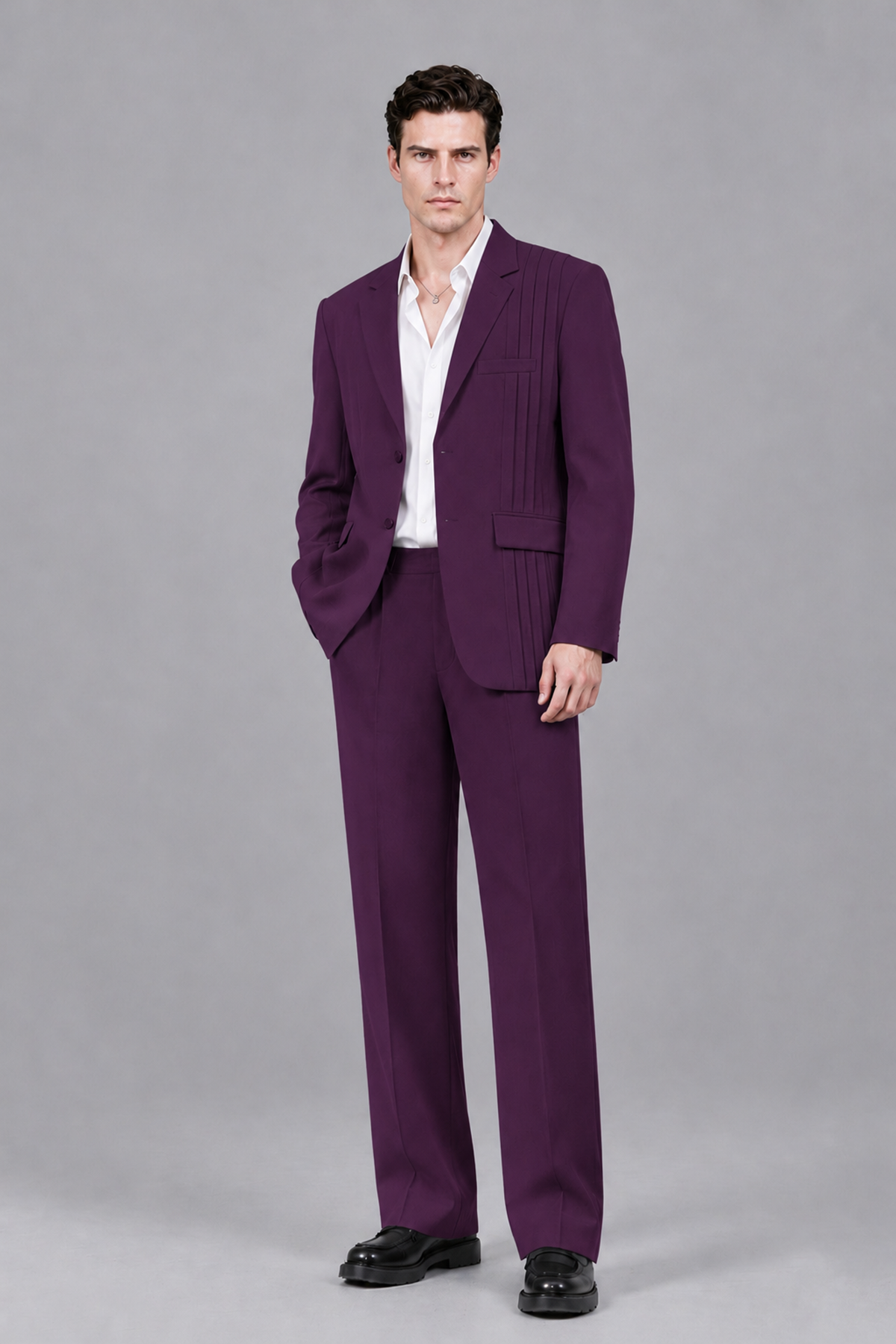 Savile Men's Plum Pleated 2-Piece Suit Set | Notch Lapel Blazer & Tailored Trousers - Plum - Plum_2