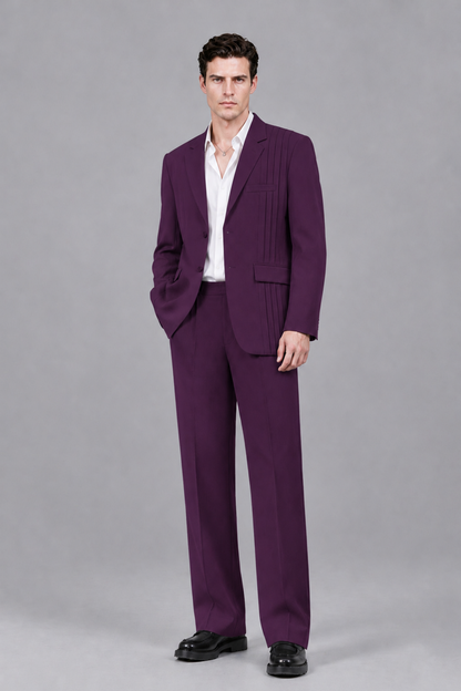 Savile Men's Plum Pleated 2-Piece Suit Set | Notch Lapel Blazer & Tailored Trousers - Plum - Plum_2