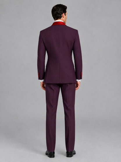 Savile Men's Plum 3-Piece Tuxedo Suit Set – Contrast Red Shawl Lapel Blazer, Red Waistcoat & Trousers - SUC020 - Plum