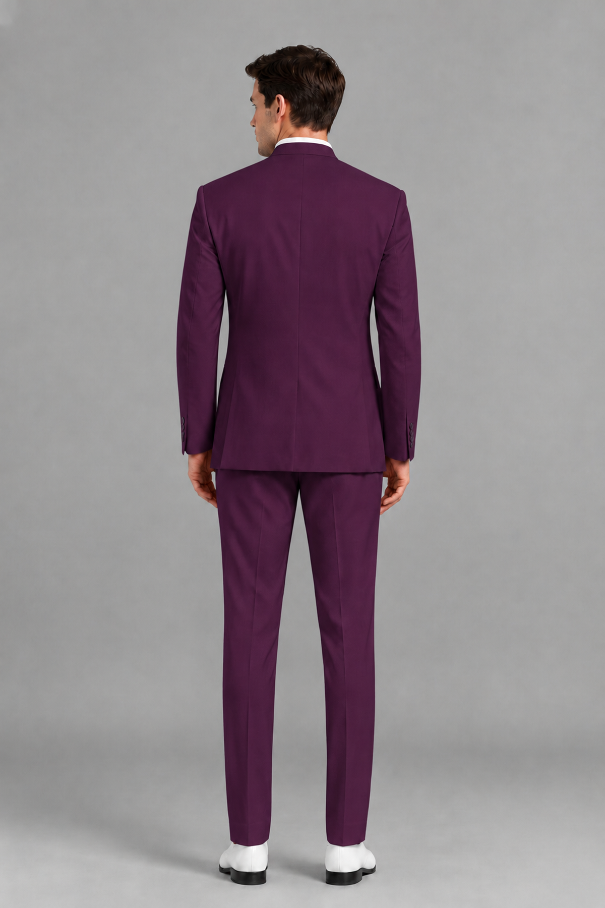 Savile Men's Plum Asymmetrical Mandarin Collar Tuxedo Suit – Modern 2-Piece Gold Button Wedding, Prom & Gala Set - Plum - Plum_3