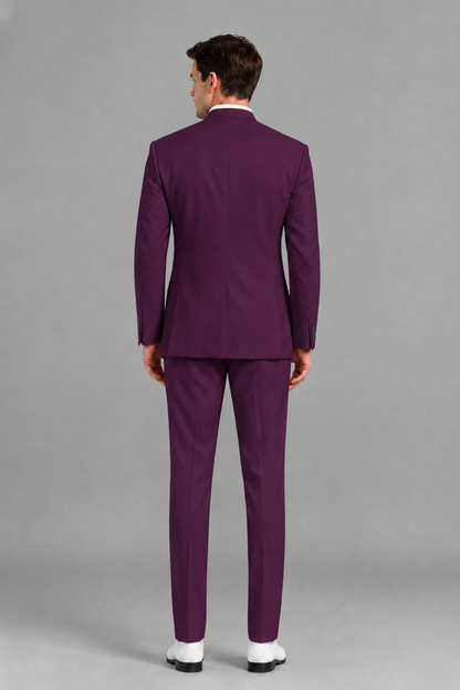 Savile Men's Plum Asymmetrical Mandarin Collar Tuxedo Suit – Modern 2-Piece Gold Button Wedding, Prom & Gala Set - Plum - Plum_3