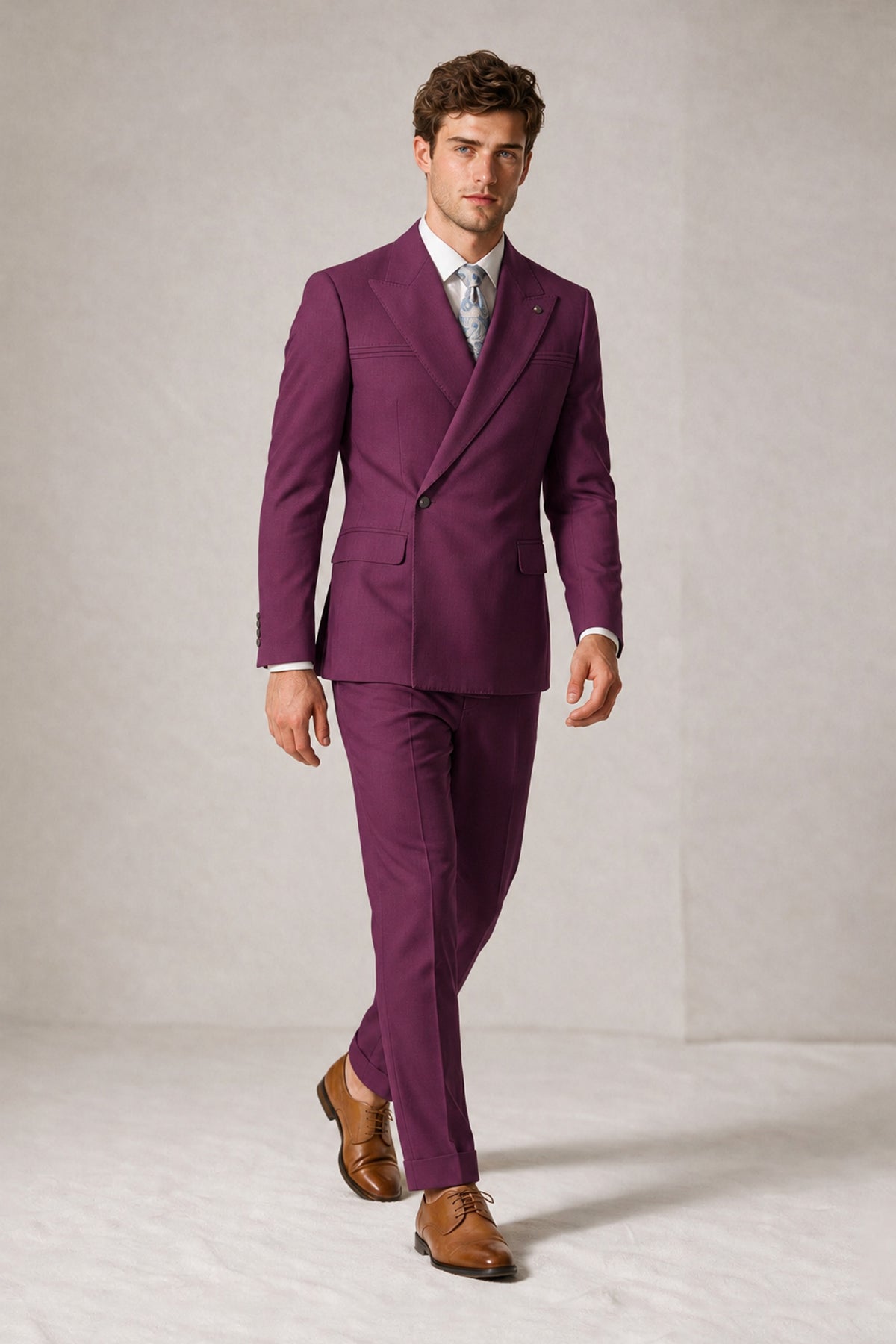 Savile Men's Plum Double-Breasted Slim Fit 2-Piece Suit Set – Peak Lapel Blazer & Cuffed Trousers | Wedding Prom Formal - Plum
