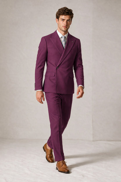 Savile Men's Plum Double-Breasted Slim Fit 2-Piece Suit Set – Peak Lapel Blazer & Cuffed Trousers | Wedding Prom Formal - Plum
