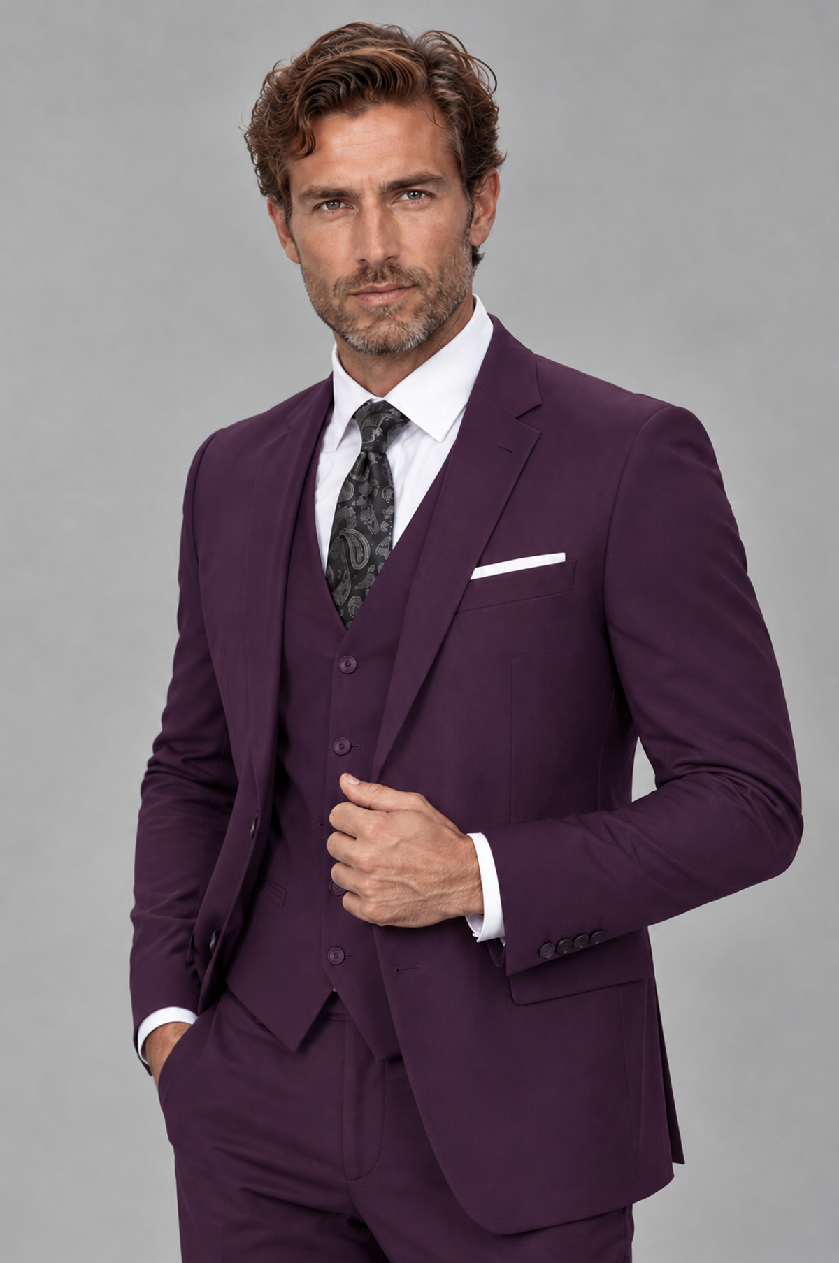 Savile Men's Plum 3-Piece Suit Set – Notch Lapel Blazer, Vest & Trousers - Plum - Plum_3