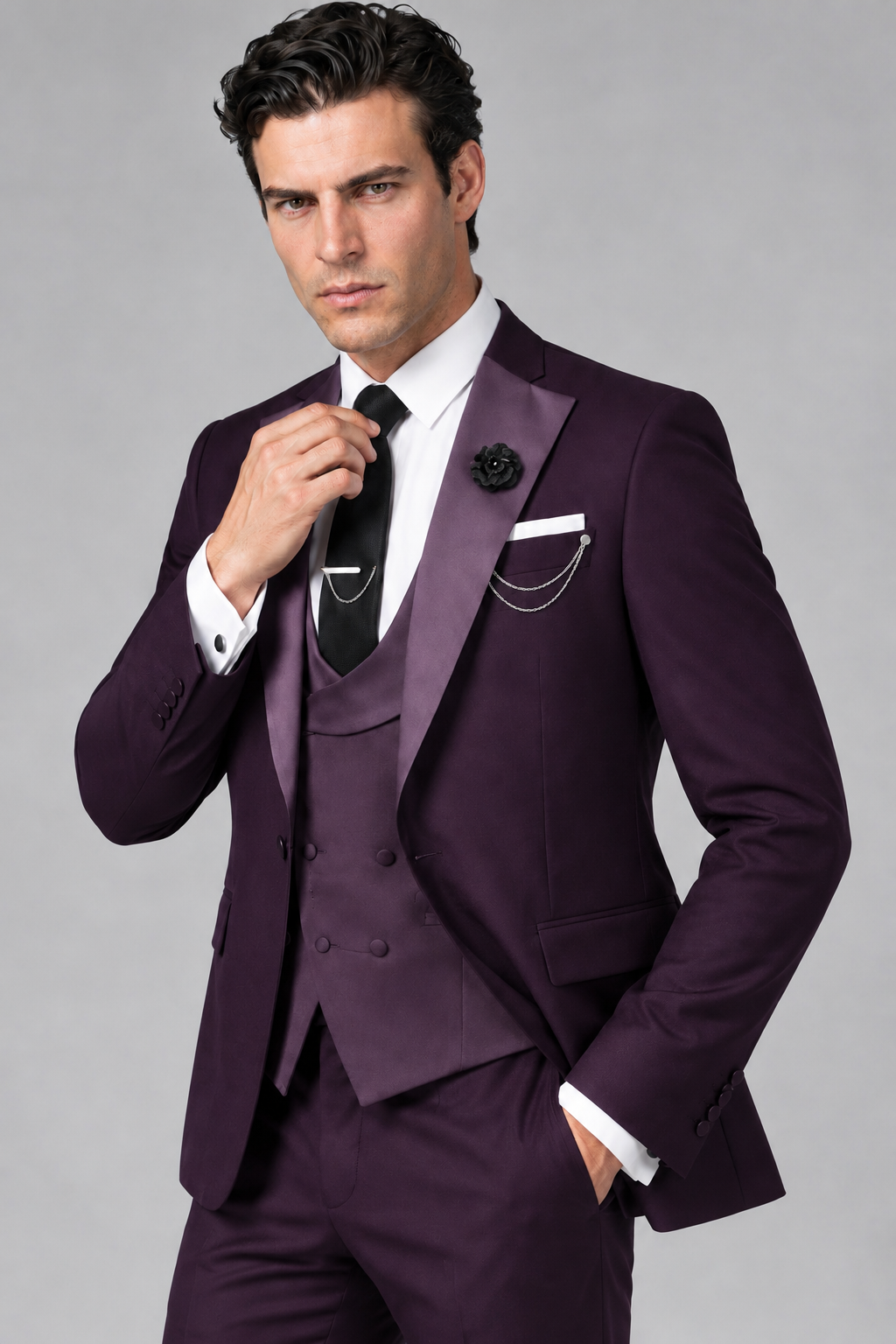 Savile Men's Plum 3-Piece Tuxedo Suit – Contrast Silver Peak Lapel & Grey Vest Formal Set - Plum - Plum_3