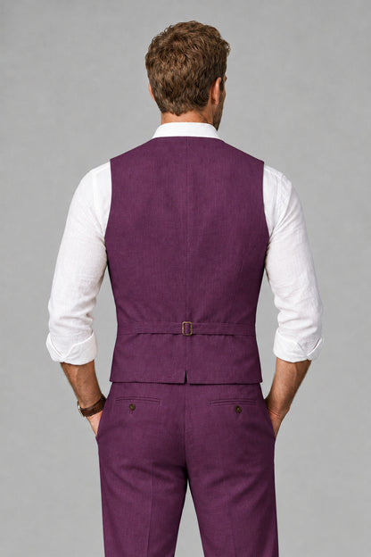 Men's Plum Linen Blend Single-Breasted V-Neck Suit Vest | Savile QX0101 - Plum