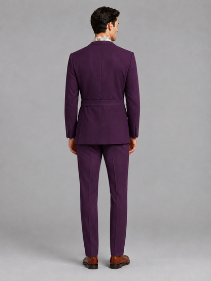 Savile Men's Plum Belted Wrap 2-Piece Suit – Peak Lapel Blazer & Tailored Trousers - SUC060 - Plum - Plum_3
