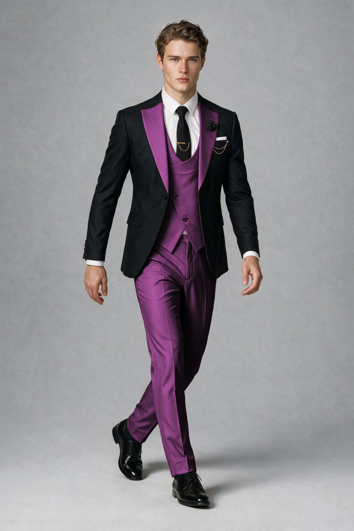 Savile Men's Black & Plum Three-Piece Wedding Suit - Plum
