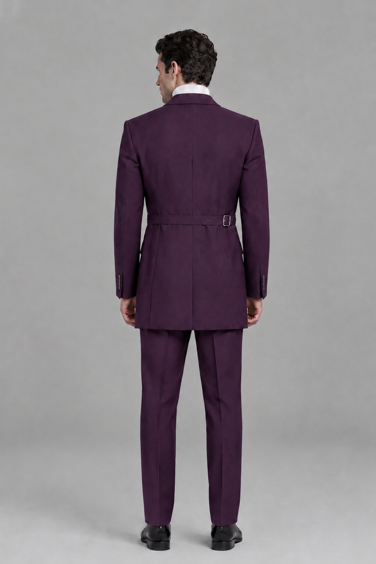 Savile Men's Plum Double Buckle Wrap Belted 2-Piece Suit Set – Peak Lapel Slim-Fit Jacket & Trousers - Plum - Plum_3