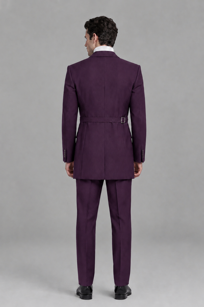 Savile Men's Plum Double Buckle Wrap Belted 2-Piece Suit Set – Peak Lapel Slim-Fit Jacket & Trousers - Plum - Plum_3