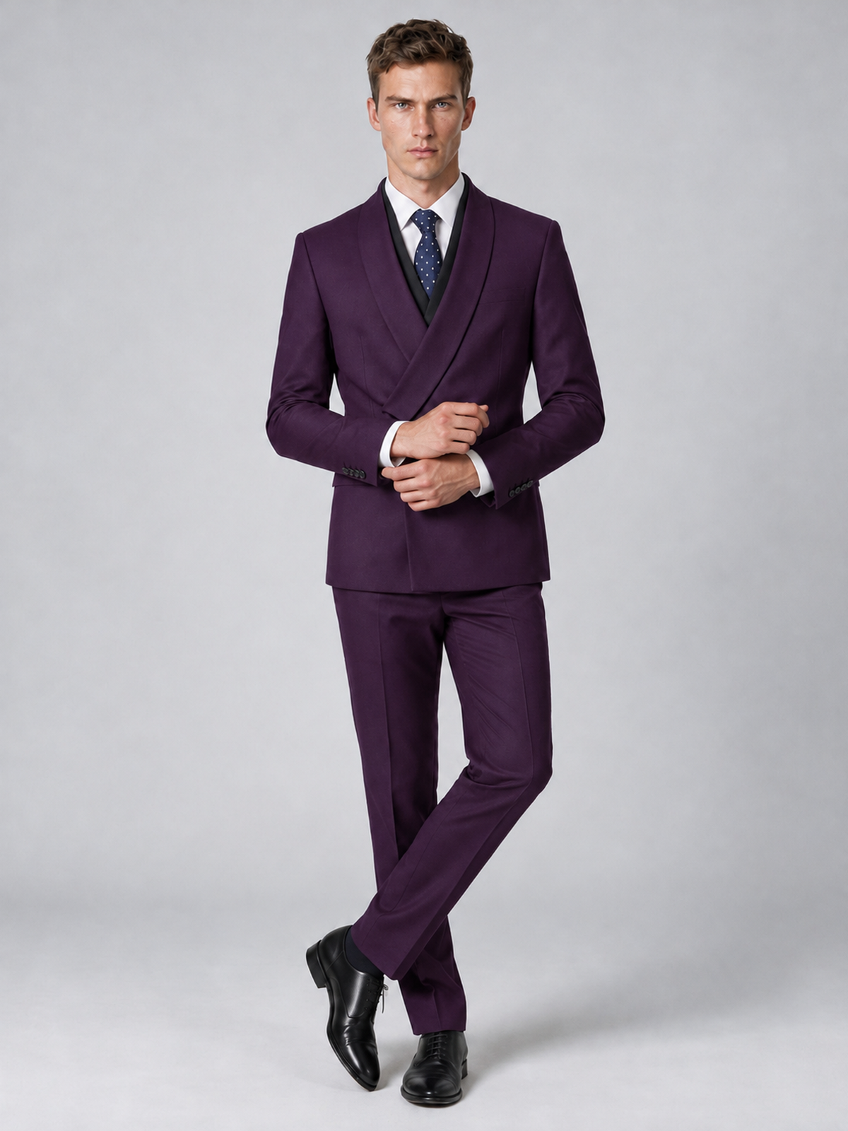 Savile Men's Plum Wrap Shawl Lapel 2-Piece Suit Set – Modern Jacket & Trousers - Plum - Plum_4