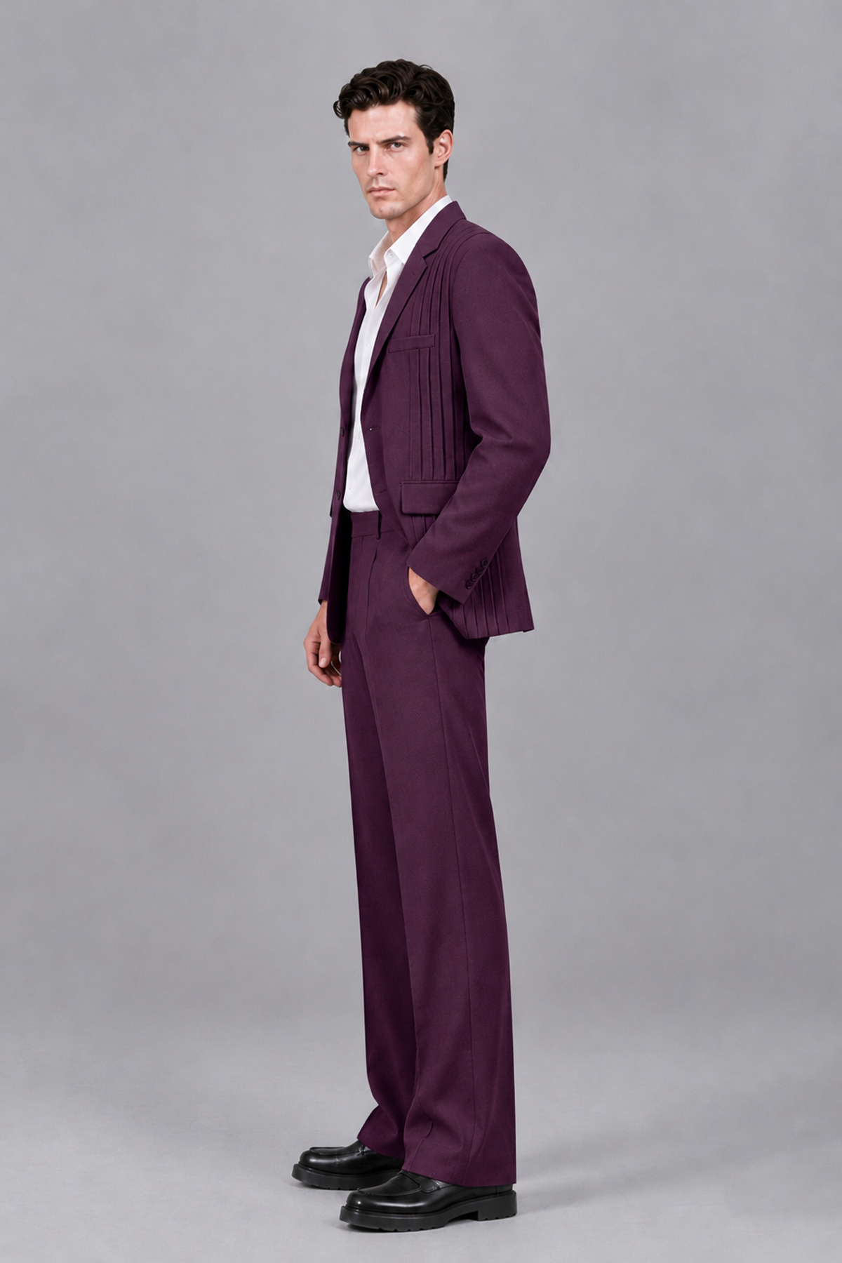Savile Men's Plum Pleated 2-Piece Suit Set | Notch Lapel Blazer & Tailored Trousers - Plum - Plum_4