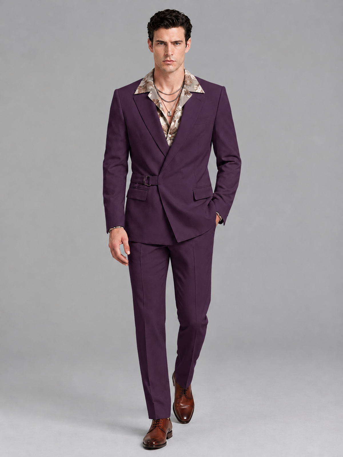 Savile Men's Plum Belted Wrap 2-Piece Suit – Peak Lapel Blazer & Tailored Trousers - SUC060 - Plum - Plum_4
