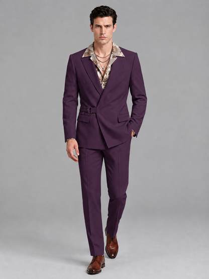 Savile Men's Plum Belted Wrap 2-Piece Suit – Peak Lapel Blazer & Tailored Trousers - SUC060 - Plum - Plum_4