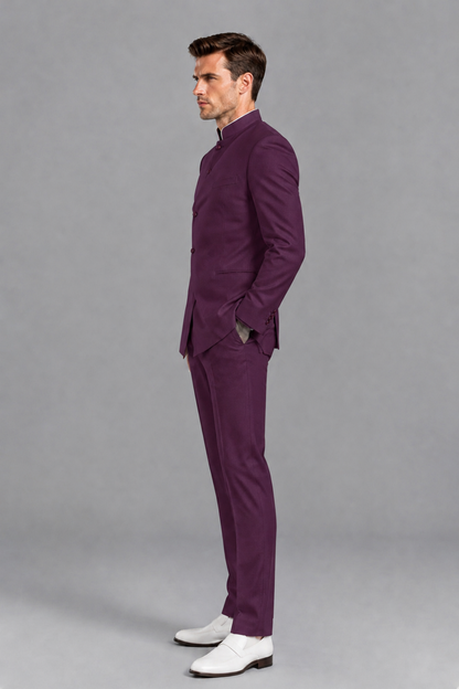 Savile Men's Plum Asymmetrical Mandarin Collar Tuxedo Suit – Modern 2-Piece Gold Button Wedding, Prom & Gala Set - Plum - Plum_4