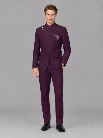 Savile Men's Plum Mandarin Collar Asymmetrical 2-Piece Suit Set – Modern Jacket & Trousers - Plum - Plum_4