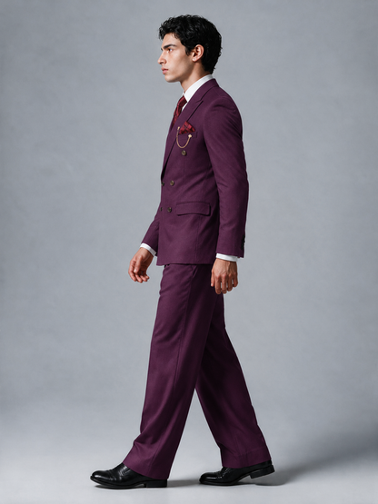 Savile Men's Plum Double-Breasted 2-Piece Suit Set – Peak Lapel Blazer & Pleated Wide-Leg Trousers - Plum - Plum_4