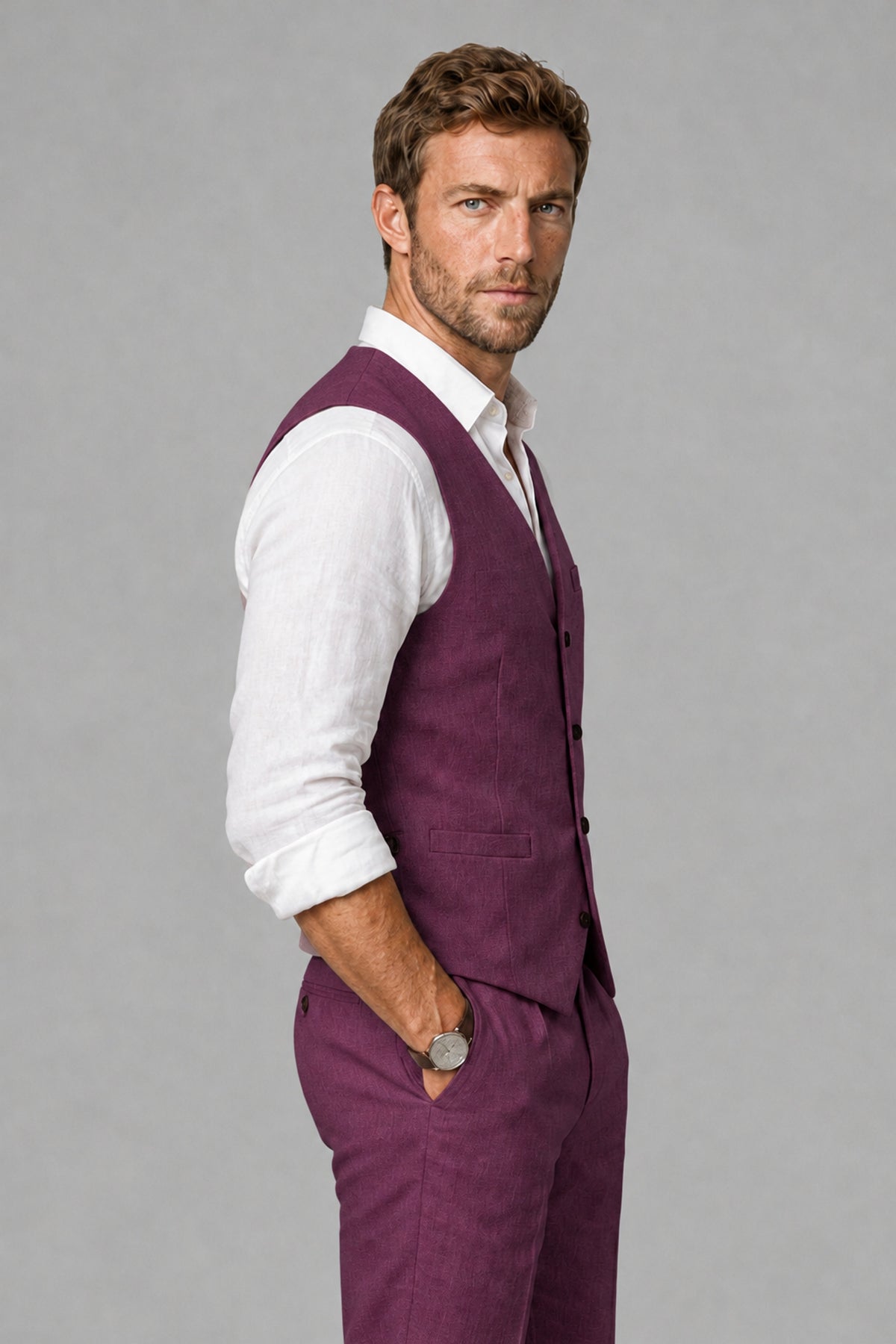 Men's Plum Linen Blend Single-Breasted V-Neck Suit Vest | Savile QX0101 - Plum