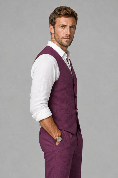Men's Plum Linen Blend Single-Breasted V-Neck Suit Vest | Savile QX0101 - Plum