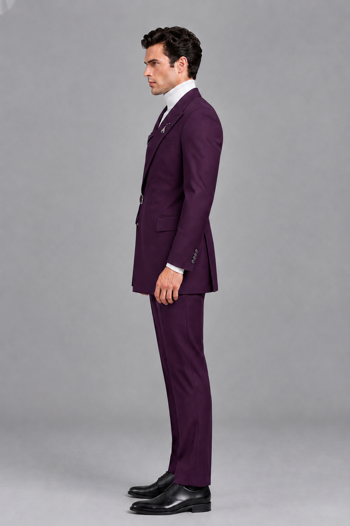 Savile Men's Plum Double Buckle Wrap Belted 2-Piece Suit Set – Peak Lapel Slim-Fit Jacket & Trousers - Plum - Plum_4