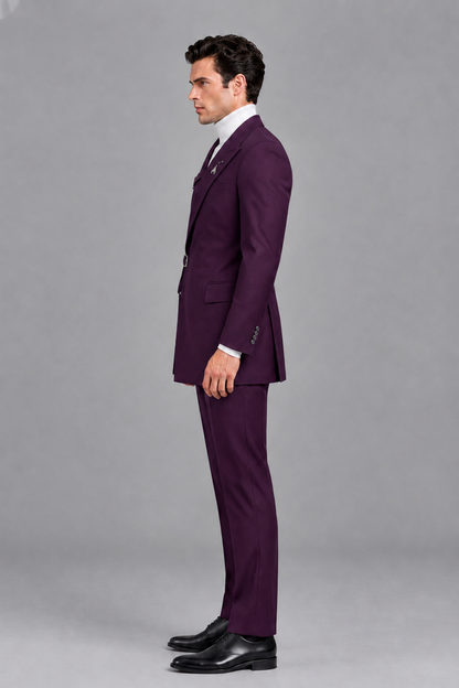 Savile Men's Plum Double Buckle Wrap Belted 2-Piece Suit Set – Peak Lapel Slim-Fit Jacket & Trousers - Plum - Plum_4