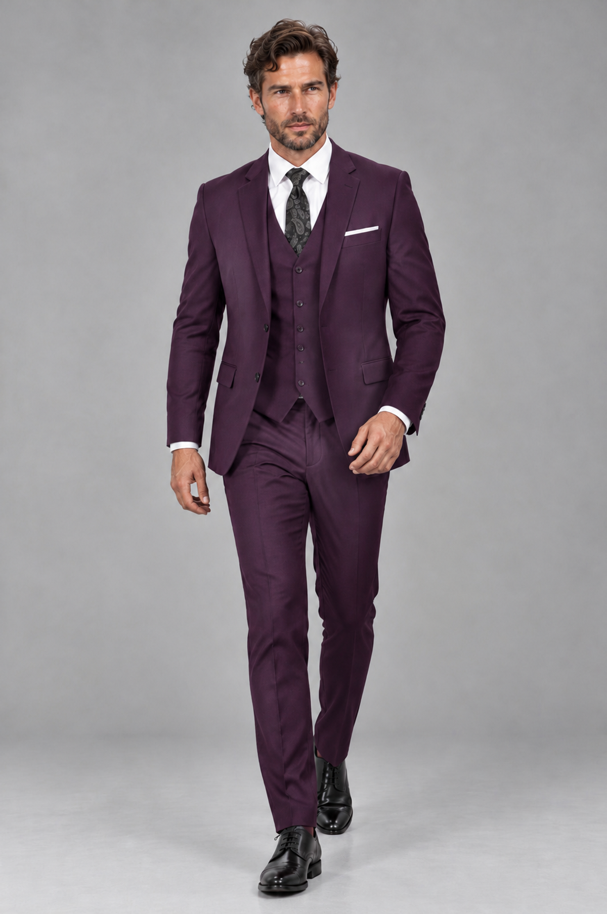 Savile Men's Plum 3-Piece Suit Set – Notch Lapel Blazer, Vest & Trousers - Plum - Plum_4