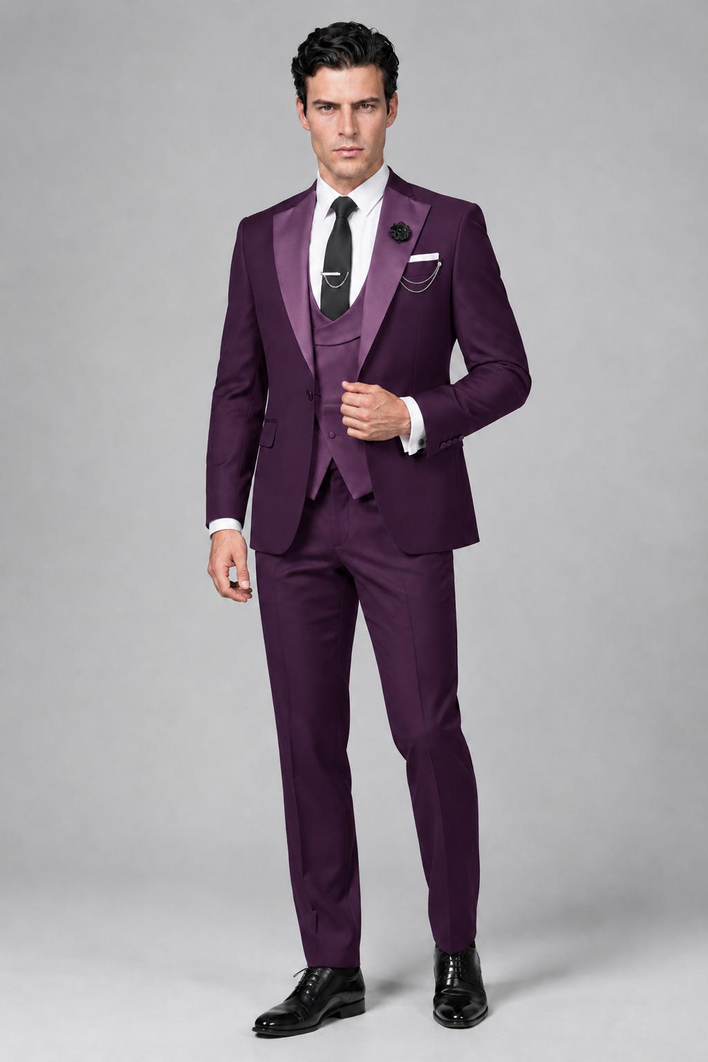 Savile Men's Plum 3-Piece Tuxedo Suit – Contrast Silver Peak Lapel & Grey Vest Formal Set - Plum - Plum_4