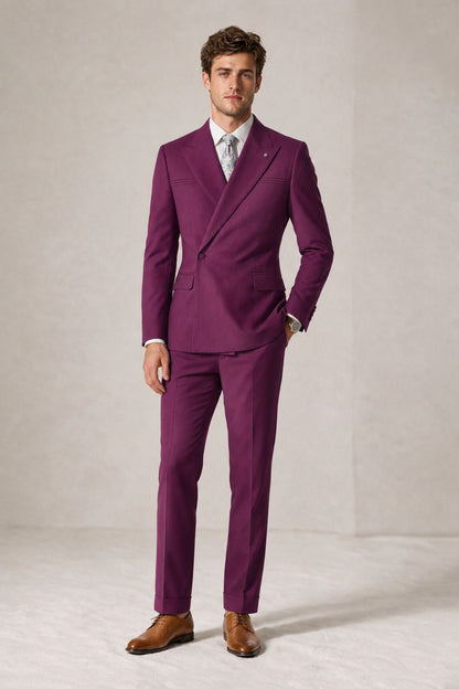Savile Men's Plum Double-Breasted Slim Fit 2-Piece Suit Set – Peak Lapel Blazer & Cuffed Trousers | Wedding Prom Formal - Plum