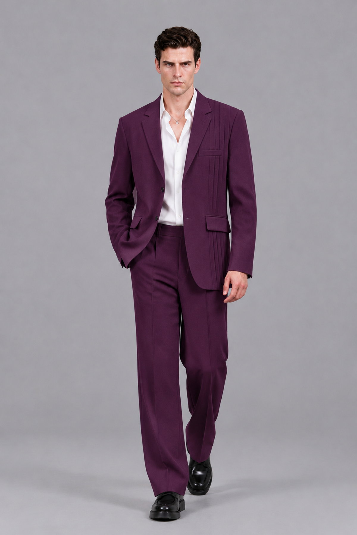 Savile Men's Plum Pleated 2-Piece Suit Set | Notch Lapel Blazer & Tailored Trousers - Plum - Plum_5