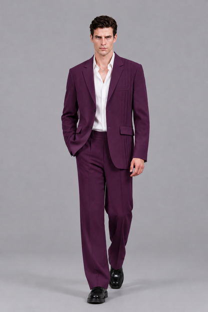 Savile Men's Plum Pleated 2-Piece Suit Set | Notch Lapel Blazer & Tailored Trousers - Plum - Plum_5