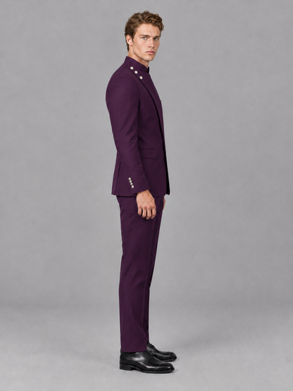 Savile Men's Plum Mandarin Collar Asymmetrical 2-Piece Suit Set – Modern Jacket & Trousers - Plum - Plum_5
