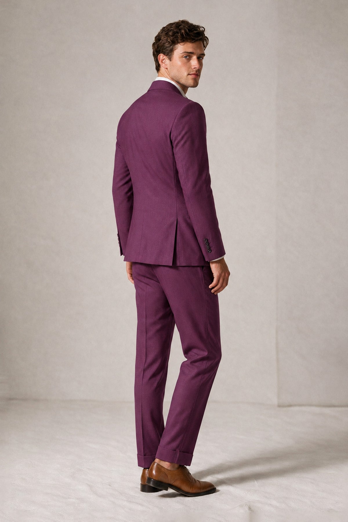 Savile Men's Plum Double-Breasted Slim Fit 2-Piece Suit Set – Peak Lapel Blazer & Cuffed Trousers | Wedding Prom Formal - Plum