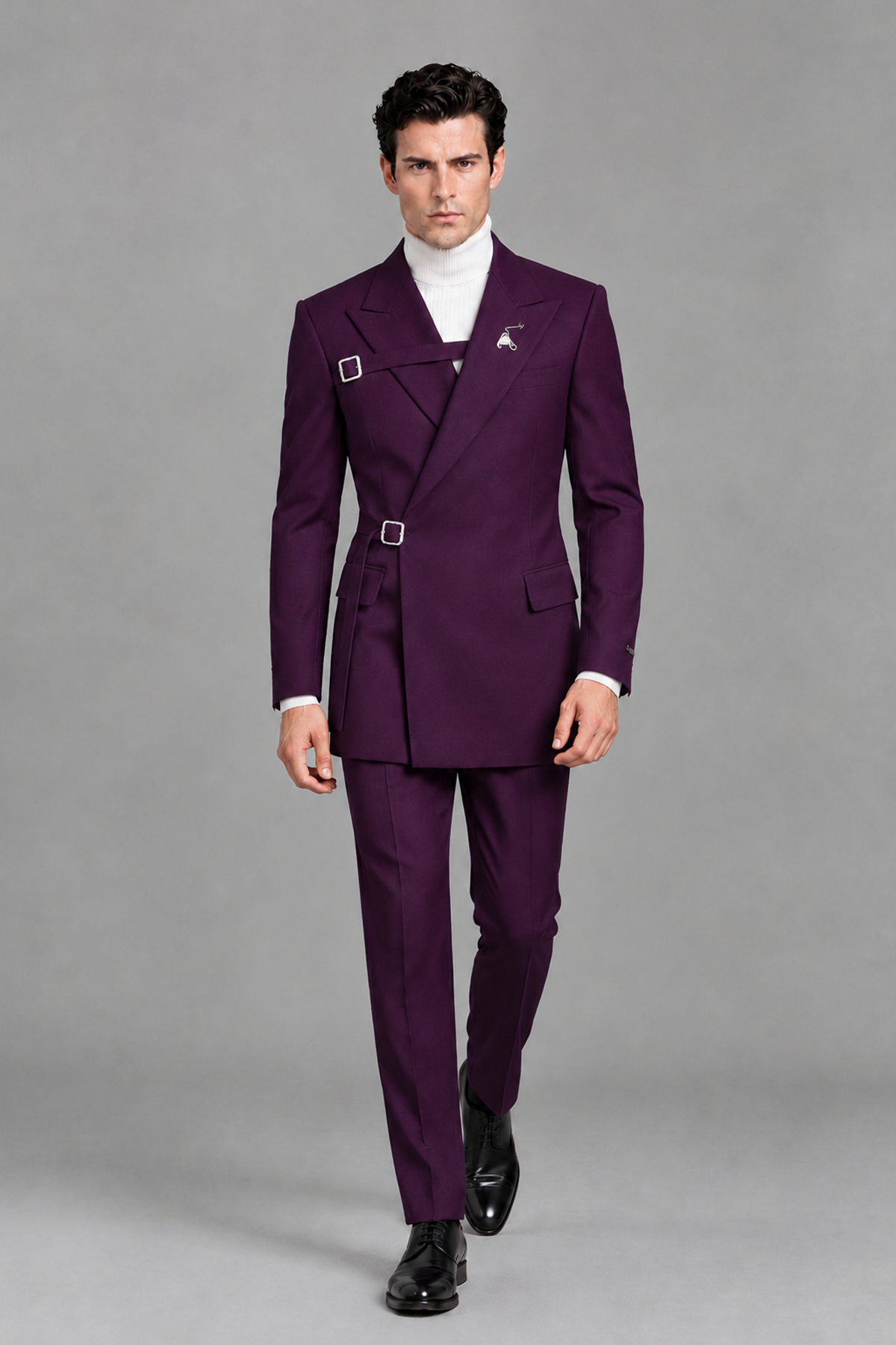 Savile Men's Plum Double Buckle Wrap Belted 2-Piece Suit Set – Peak Lapel Slim-Fit Jacket & Trousers - Plum - Plum_5