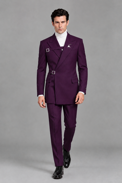 Savile Men's Plum Double Buckle Wrap Belted 2-Piece Suit Set – Peak Lapel Slim-Fit Jacket & Trousers - Plum - Plum_5