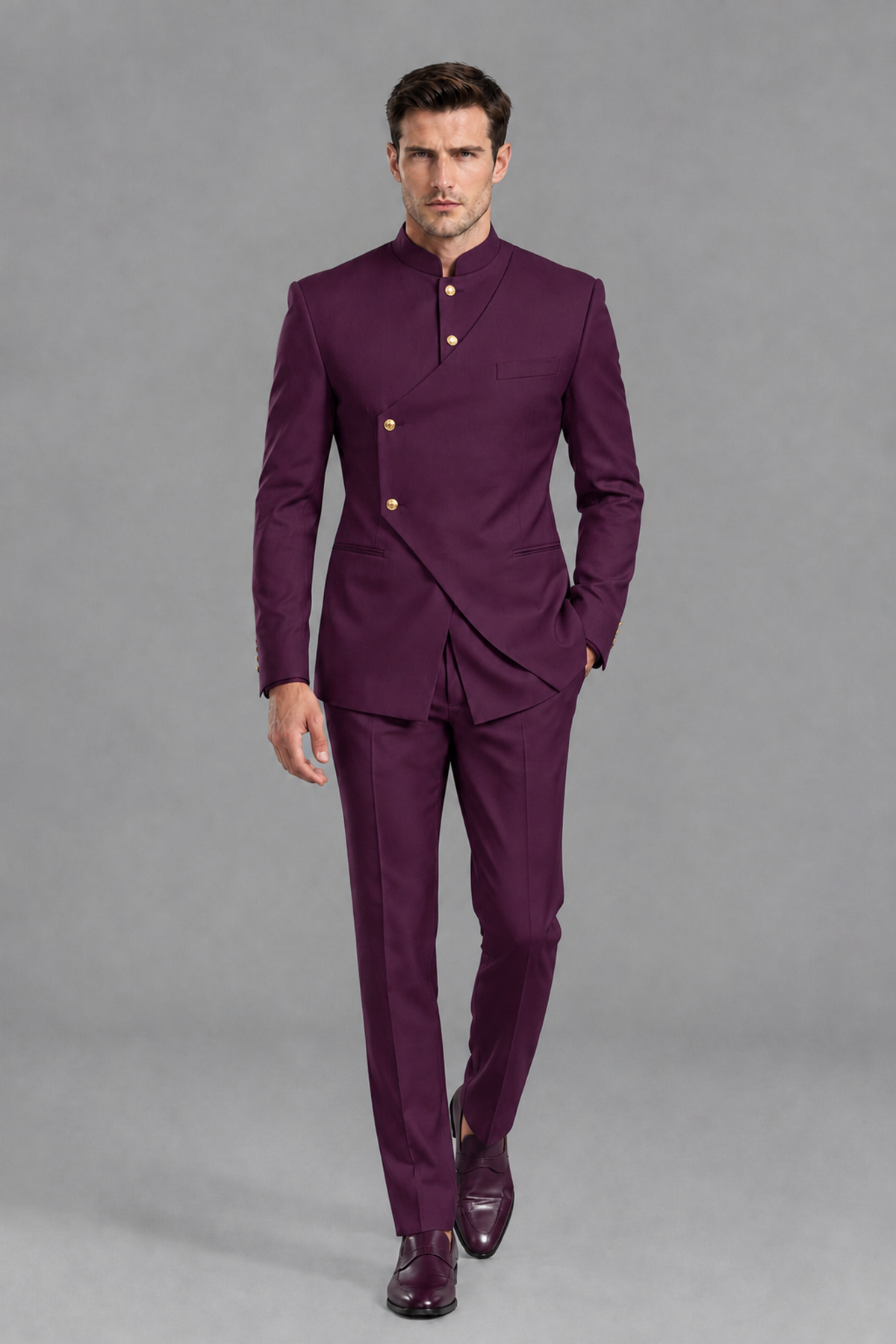 Savile Men's Plum Asymmetrical Mandarin Collar Tuxedo Suit – Modern 2-Piece Gold Button Wedding, Prom & Gala Set - Plum - Plum_5