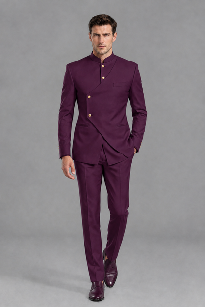 Savile Men's Plum Asymmetrical Mandarin Collar Tuxedo Suit – Modern 2-Piece Gold Button Wedding, Prom & Gala Set - Plum - Plum_5