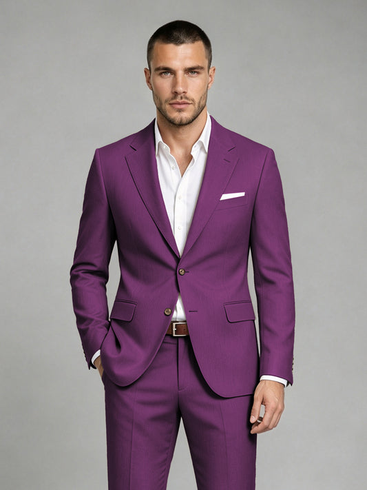 Savile Men's Dark Plum Wool-Blend 2-Piece Suit Set – Two-Button Notch Lapel Slim-Fit Blazer & Turn-Up Trousers - Plum
