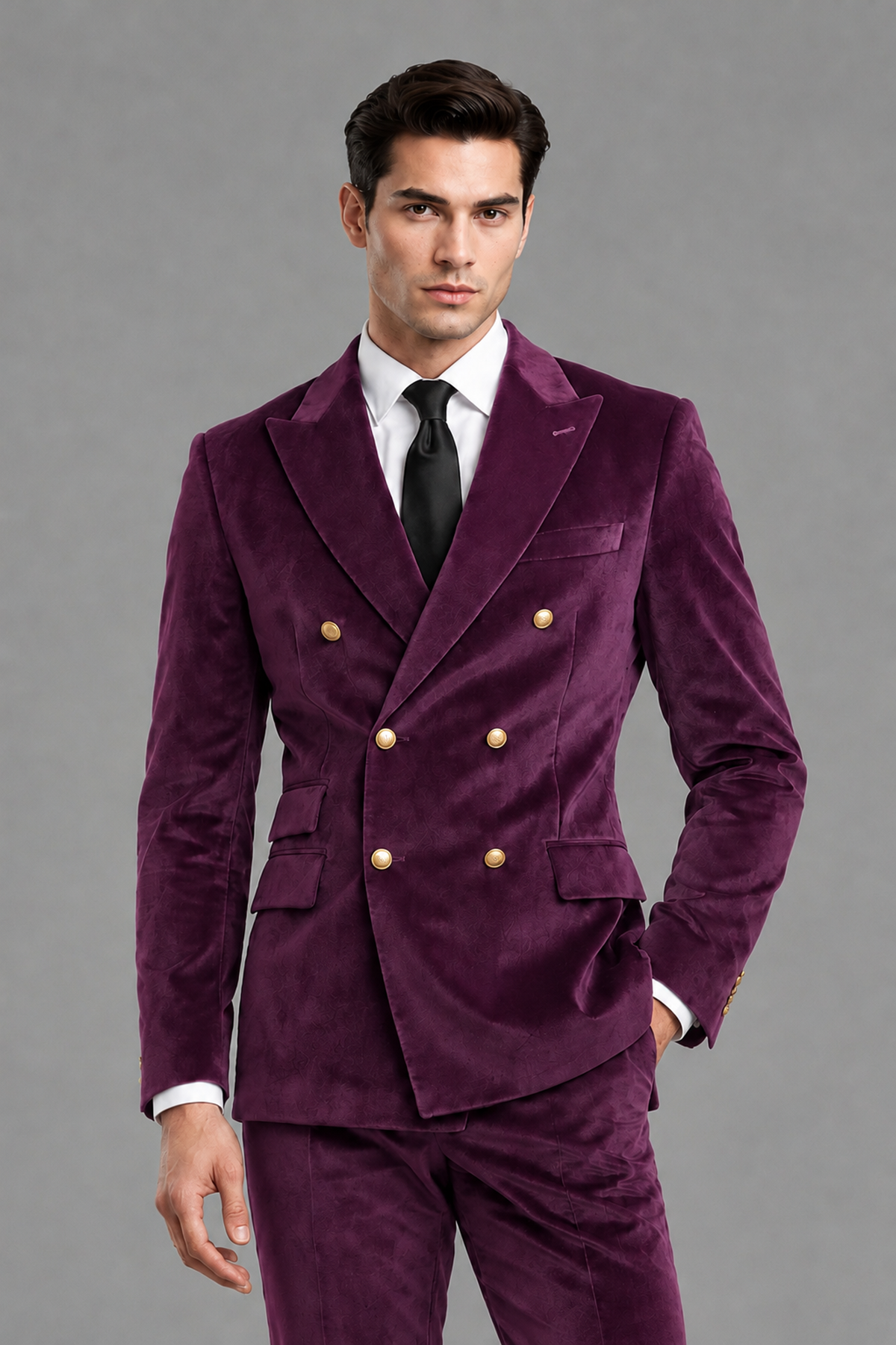 Savile Men's Plum Velvet Double-Breasted 2-Piece Suit Set | Peak Lapel Blazer & Trousers - Plum
