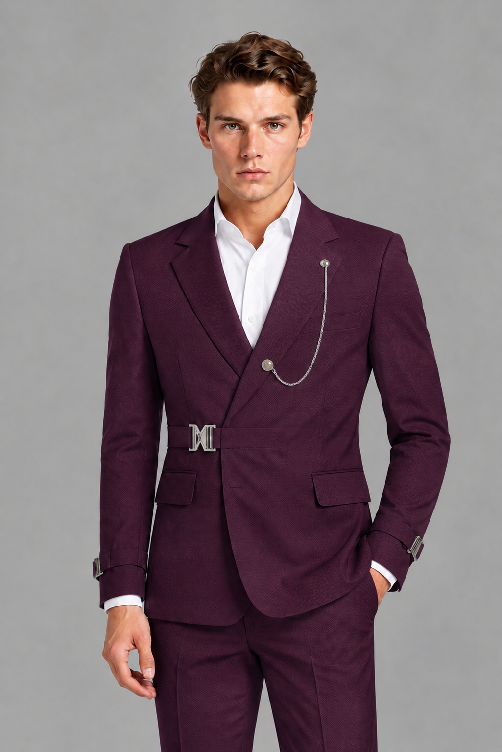 Savile Men's Plum Buckle-Closure 2-Piece Suit Set | Peak Lapel Blazer & Trousers - Plum