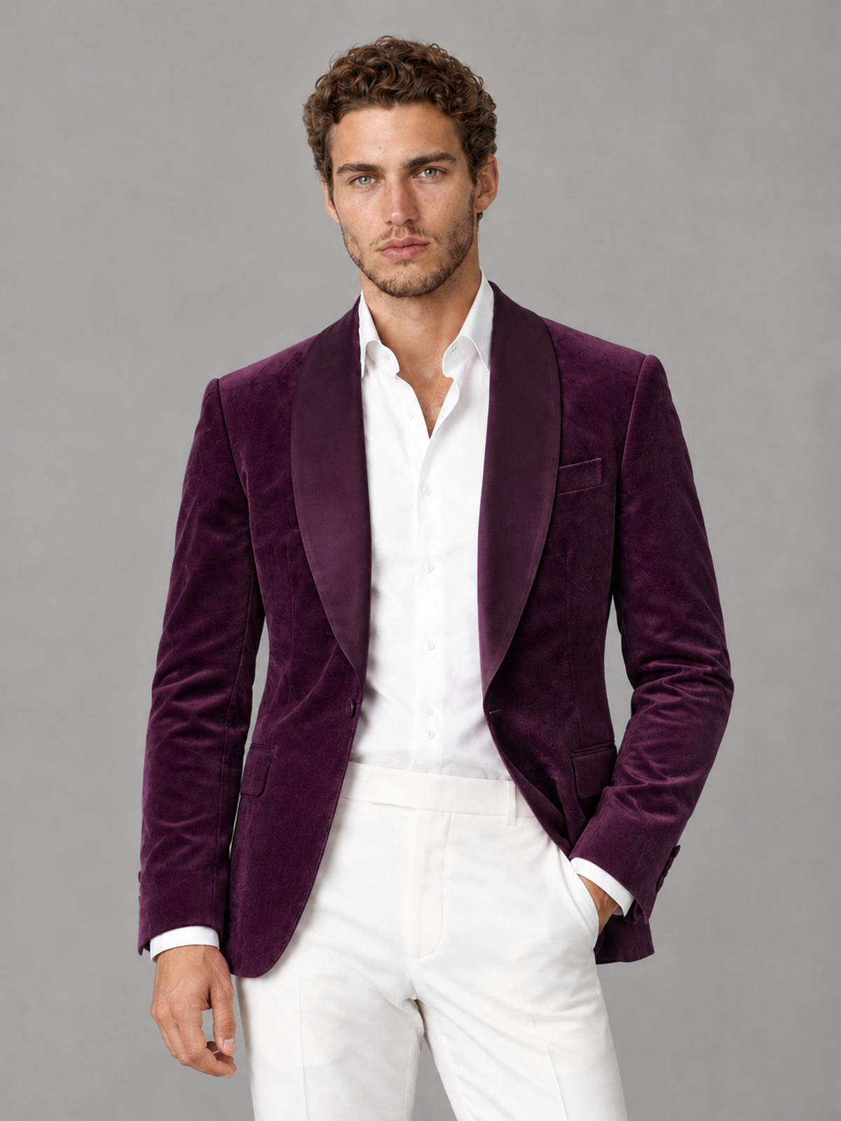 Savile Men's Plum Velvet Shawl Lapel 2-Piece Tuxedo Suit Set | Jacket & White Trousers - Plum - Plum (1)