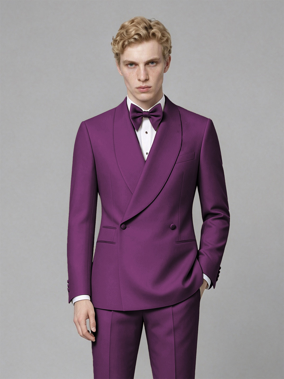 Men's Plum Single-Button Plum Satin Shawl Lapel Tuxedo Suit Set | Blazer & Trousers - Plum
