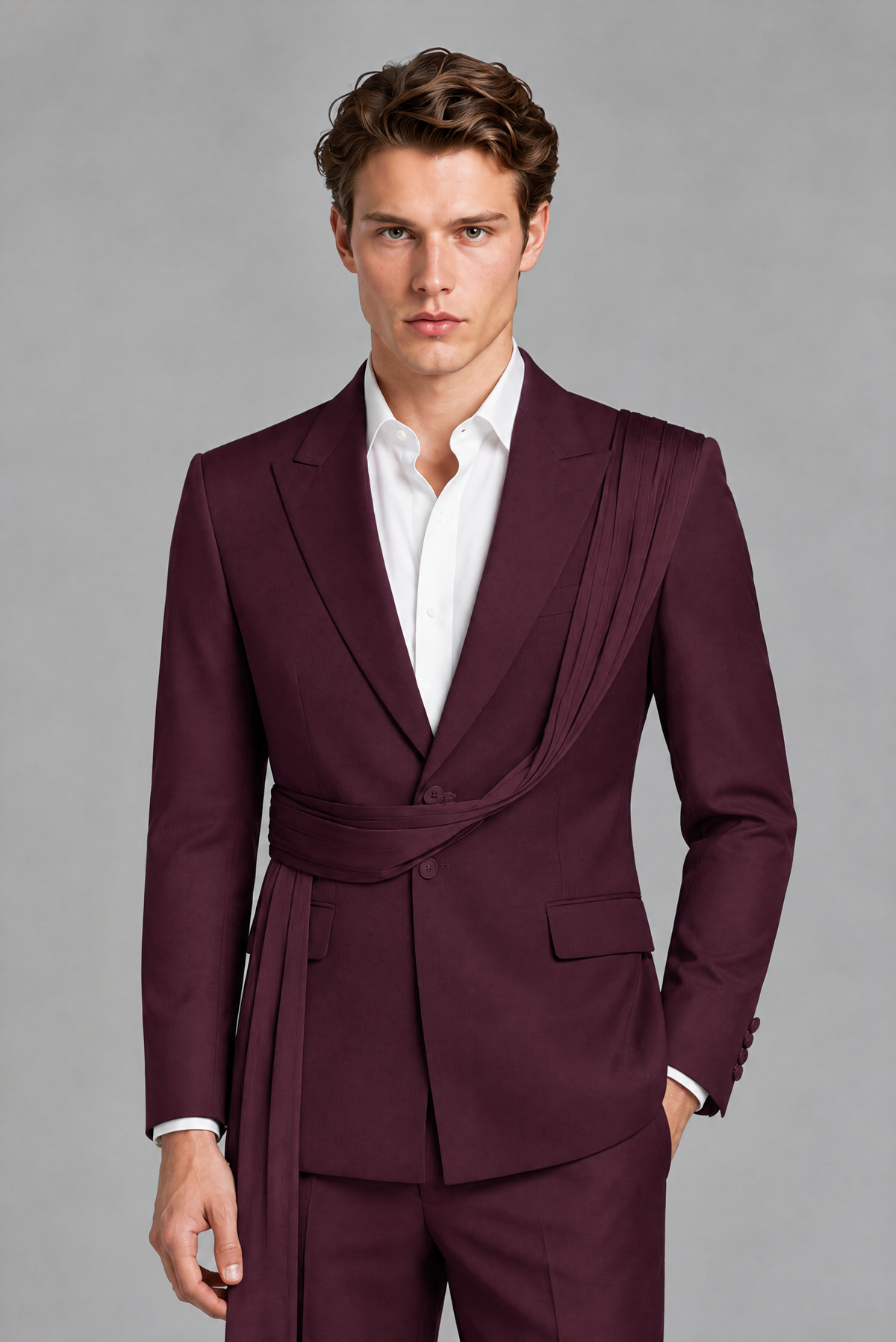 Men's Plum Draped Sash Suit – Peak Lapel 2-Piece Slim Fit Party, Gala & Wedding Set - Plum