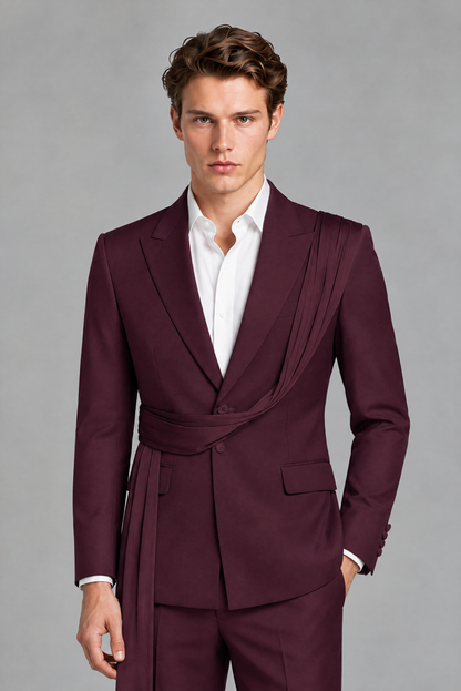 Men's Plum Draped Sash Suit – Peak Lapel 2-Piece Slim Fit Party, Gala & Wedding Set - Plum