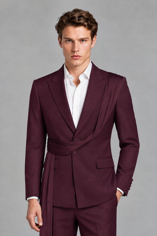 Men's Plum Draped Sash Suit – Peak Lapel 2-Piece Slim Fit Party, Gala & Wedding Set - Plum