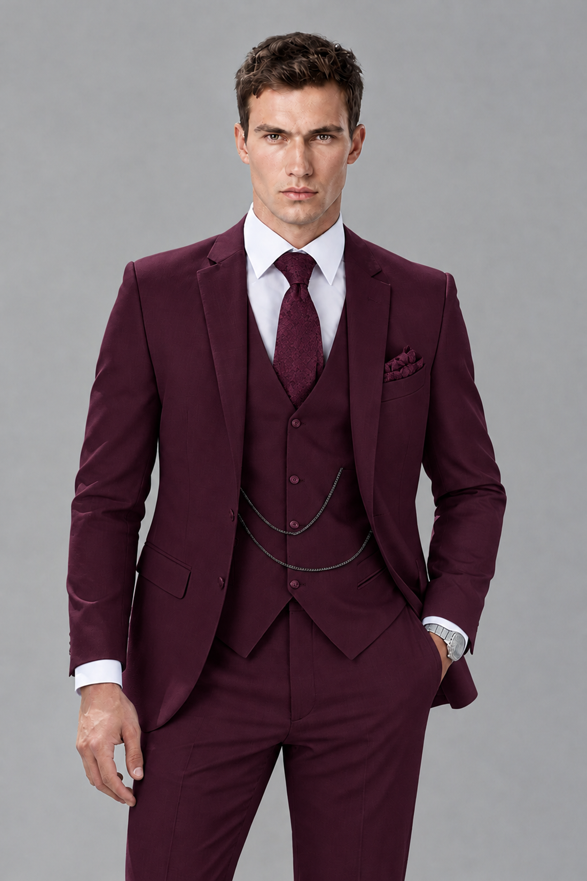 Savile Plum 3-Piece Suit with Notch Lapel & Chain Vest - Plum