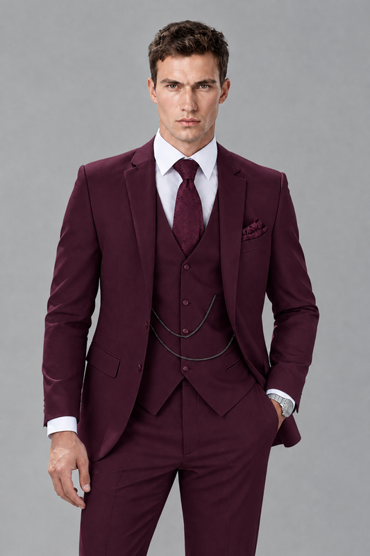 Savile Plum 3-Piece Suit with Notch Lapel & Chain Vest - Plum