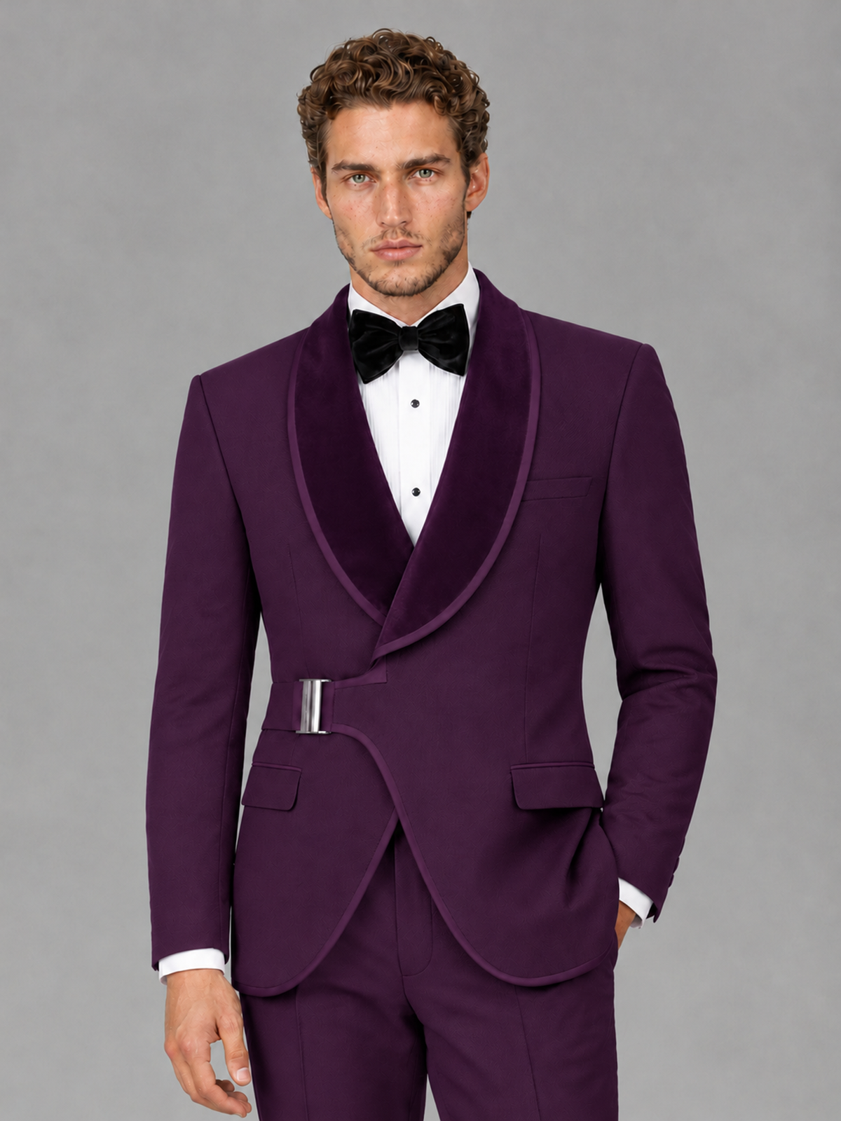 Savile Men's Plum Velvet Shawl Lapel Tuxedo Suit – Modern Side-Buckle Dinner Jacket & Trousers 2-Piece Set - Plum