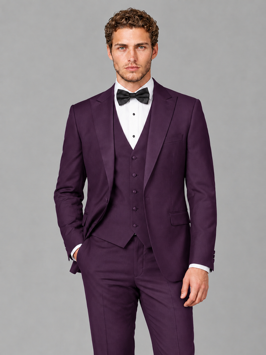 Savile Men's Plum Peak Lapel 3-Piece Tuxedo Suit | Jacket, Vest & Trousers - Plum